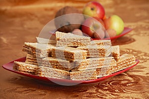 Caramel waffle on the table