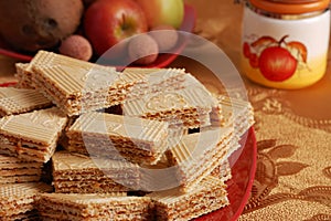 Caramel waffle on the table