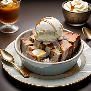 caramelized banana bread pudding served with a decadent bourbon-infused sauce and a scoop of vanilla bean ice cream.