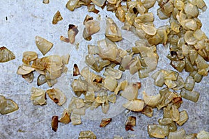 Caramelized onions on a baking sheet