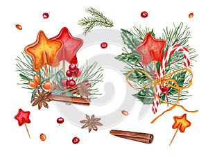 Caramels in the shape of star, star anise, cinnamon stick, pine sprig, red and orange berries. Candy cane. Sea buckthorn,