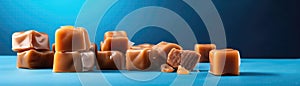 Caramels Standing On Gradient White Blue Background Wide Panoramic. Generative AI