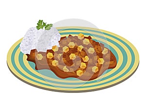 Carapulcra traditional Peruvian dish stew made of dry potatoes, saute with meat. Latin American food. Vector illustration isolated