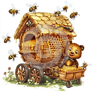 A bee caravan transporting a honey-filled hive, led by a bear on a bee-drawn cart in nature photo