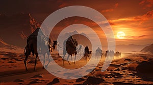 A caravan of camels with cargo goes through the desert. Sunset background. Horizontal format. AI Generated