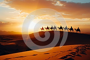 Caravan of Camels Crossing Vast Desert Landscape