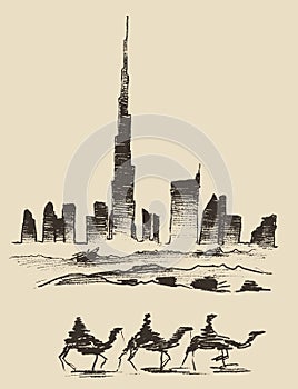 Caravan of Camels Dubai City Skyline Silhouette