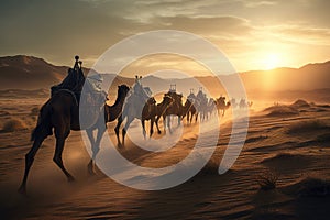 The caravan of camels goes on the hot waterless desert with barkhans on a sunset.