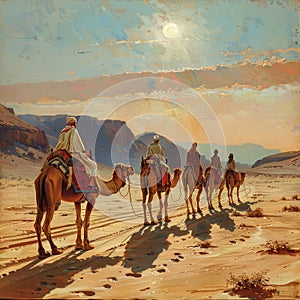 A caravan of camels with riders crosses the sultry desert, transporting goods on camels along a sand dune, nomadic life photo