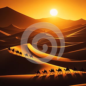 A caravan of camels traverses the vast sand dunes of the Sahara Desert