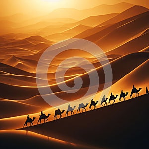 A caravan of camels traverses the vast sand dunes of the Sahara Desert