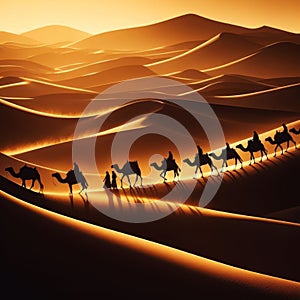 A caravan of camels traverses the vast sand dunes of the Sahara Desert