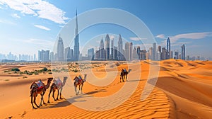 caravan of camels is walking in desert in background of skyscrapers of city of Dubai