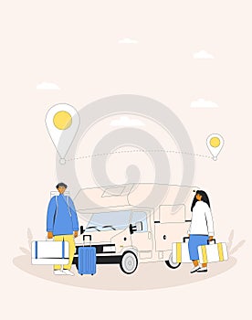 Caravan, camper trailer with young couple. Road trip on outdoor vacation. Spring holiday journey. Vector flat illustration