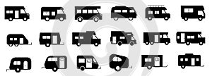 caravan, camper van, and motorhome black icons