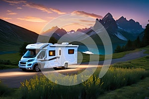 Caravan car vacation, family travel RV, camper van, holiday trip in motorhome.