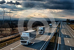 Caravan or convoy of lorry trucks on country highway