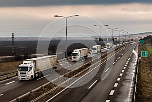 Caravan or convoy of trucks on a weet country highway