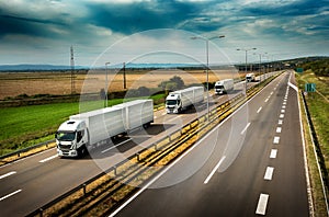 Caravan or convoy of White Lorry trucks on highway photo