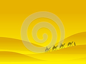 Caravan in the desert. People on camels move on sand dunes. Desert landscape. Vector