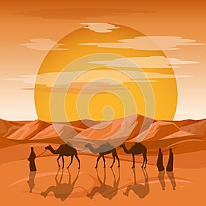 Caravan in desert vector background. Arab people and camels silhouettes in sands