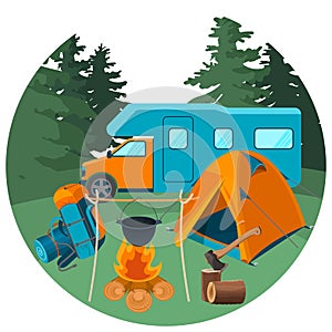 Caravan in forest with picnic equipment. Accessories for camping rest