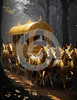 caravan of golden chariots passing through the forest illustration