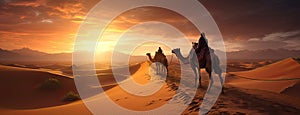 a caravan of Indian camels, led by experienced camel drivers, traversing the mesmerizing desert sand dunes at sunset