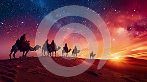 Caravan Journey Under the Milky Way in Desert Dunes. Generative ai
