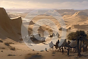 caravan of merchants and their guards in the desert, with distant oasis visible