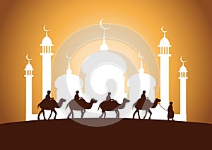 Caravan Muslim ride camel to mosque photo