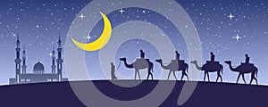 Caravan Muslim ride camel to mosque of Dubai at night full of stars and beautiful moon,the tradition of Arabian,silhouette design