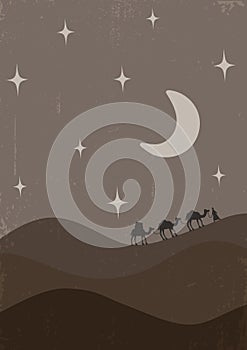 Caravan in night with camels in desert with dunes