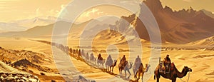 a caravan's passage through a vast expanse of sand, with camels and travelers weaving in a graceful, snaking line.