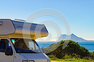 Caravan on spanish coast, Gibraltar rock on horizon