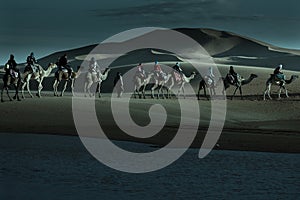 Caravan of tourists passing desert lake on camels