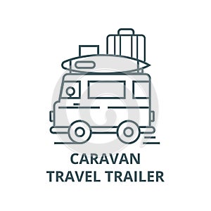 Caravan,travel camping trailer line icon, vector. Caravan,travel camping trailer outline sign, concept symbol, flat