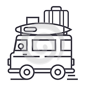 Caravan,travel camping trailer vector line icon, sign, illustration on background, editable strokes