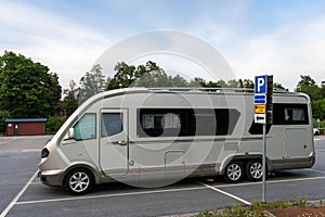 Caravan travel trailer RV motor home camper. Car vehicle journey. Tourism Summer vacation holidays activity trip to Sweden. Mobile