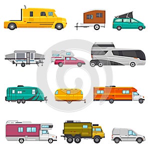 Caravan vector camping trailer and rv caravanning vehicle for traveling or journey illustration transportable set of photo