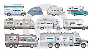 Caravan vector rv camping trailer and caravanning vehicle for traveling or journey illustration transportable set of