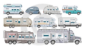 Caravan vector rv camping trailer and caravanning vehicle for traveling or journey illustration transportable set of photo