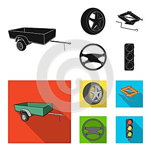 Caravan, wheel with tire cover, mechanical jack, steering wheel, Car set collection icons in black, flat style vector