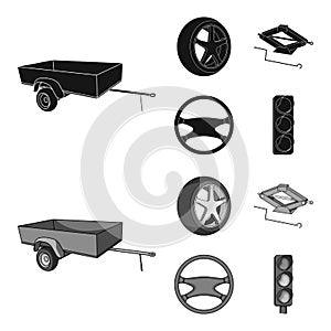 Caravan, wheel with tire cover, mechanical jack, steering wheel, Car set collection icons in black,monochrom style