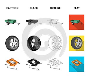 Caravan, wheel with tire cover, mechanical jack, steering wheel, Car set collection icons in cartoon,black,outline,flat