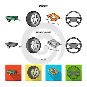Caravan, wheel with tire cover, mechanical jack, steering wheel, Car set collection icons in cartoon,flat,monochrome