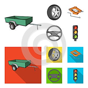 Caravan, wheel with tire cover, mechanical jack, steering wheel, Car set collection icons in cartoon,flat style vector