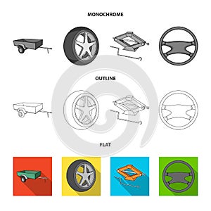 Caravan, wheel with tire cover, mechanical jack, steering wheel, Car set collection icons in flat,outline,monochrome