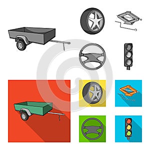 Caravan, wheel with tire cover, mechanical jack, steering wheel, Car set collection icons in monochrome,flat style