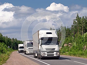 Caravan of white trucks on highway